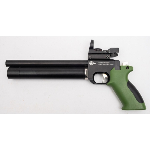154 - An SMK Model PP700W .22 calibre PCP target pistol,  black frame with green and black plastic grip,  ... 