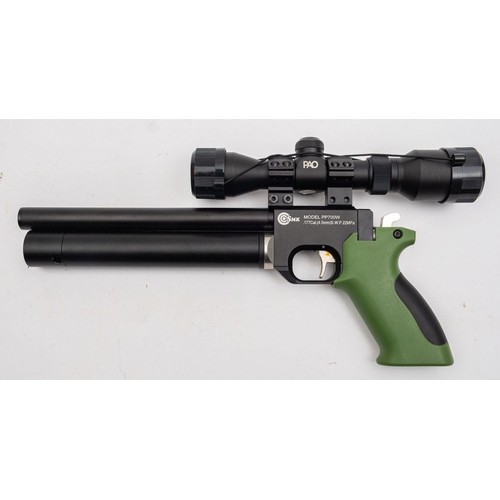 155 - An SMK Model PP700W .177 calibre PCP target pistol,  black frame with green and black plastic grip, ... 