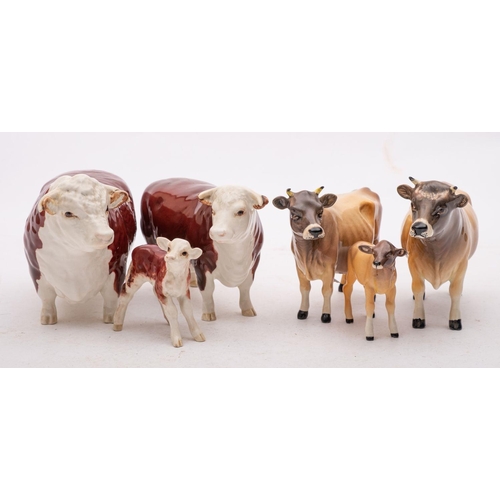18 - A group of Beswick cattle comprising Hereford cow, Hereford bull Champion of Champions, a Hereford c... 