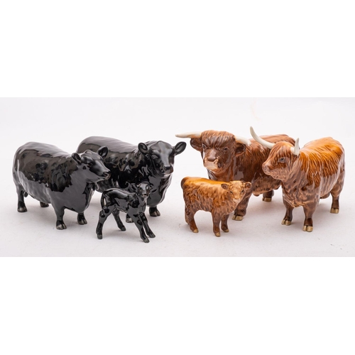 22 - A group of Beswick cattle comprising an Aberdeen Angus cow, an Aberdeen Angus bull and an Aberdeen A... 