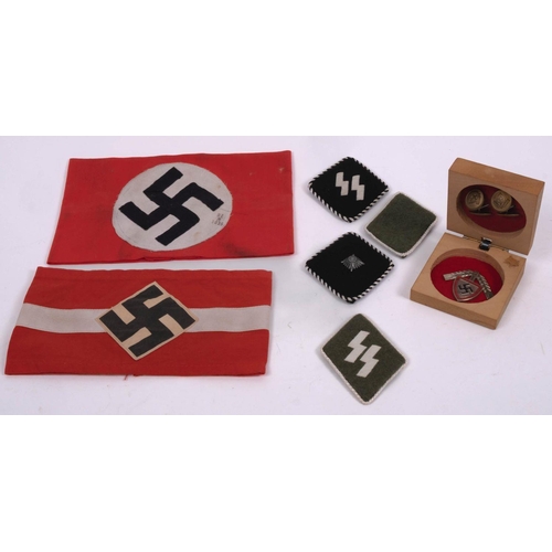 293 - A  pair of German RAD cufflinks and badge,  together with two NSDAP arm bands, two pairs of collar b... 