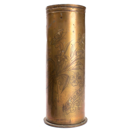 354 - Two WWI trench art shell case vases both floral stipple decorated and inscribed 'Cambrai' (one Engli... 