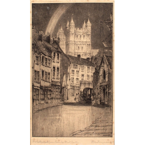 497 - F M Hayman (British, fl. mid-20th century) Exeter views; a group of five etchings each inscribed to ... 