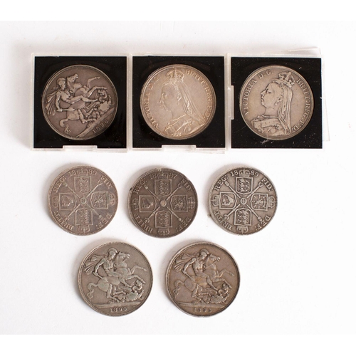 703 - Six Victorian crowns , 1883, 1889 higher grade, two 1890 and one 1896, with three double florins, on... 