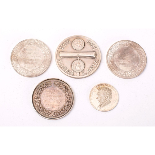 742 - A silver medallions including 1965 Runnymede (fine silver),  Royal Veterinary College of Ireland  06... 