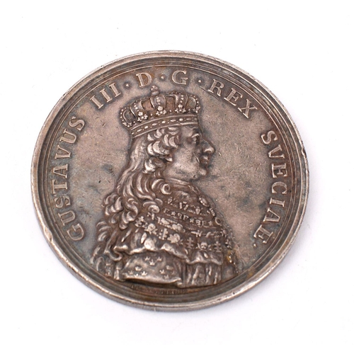 743 - A Gustavus III, Sweden 1772 silver Coronation medallion,  55mm diameter.