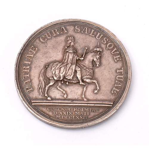 743 - A Gustavus III, Sweden 1772 silver Coronation medallion,  55mm diameter.