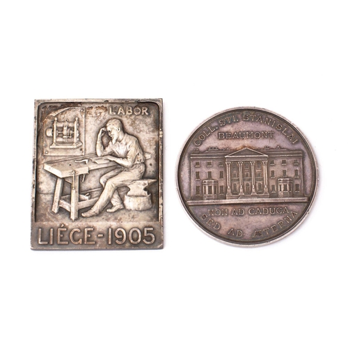 744 - A Beaumont College medallion, 55mm,  together with a Jehay Bodegenee 1826 2g plaque (Labour League 1... 