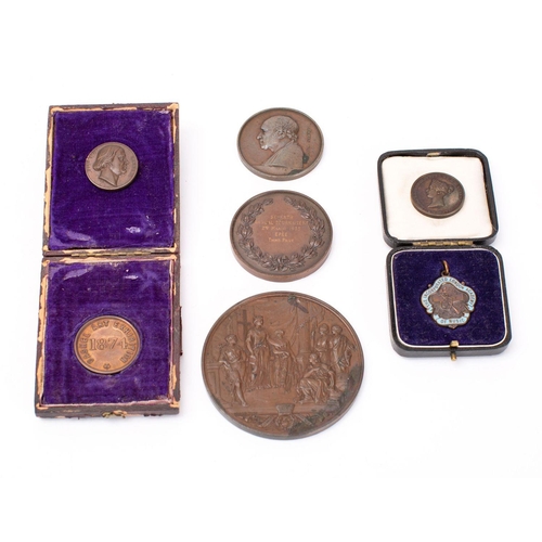 747 - A mixed group of copper and other medallions including James Walt Royal Cornwall Polytechnic medal, ... 