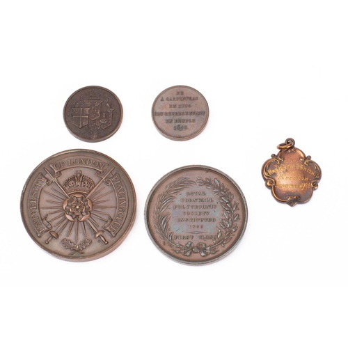 747 - A mixed group of copper and other medallions including James Walt Royal Cornwall Polytechnic medal, ... 