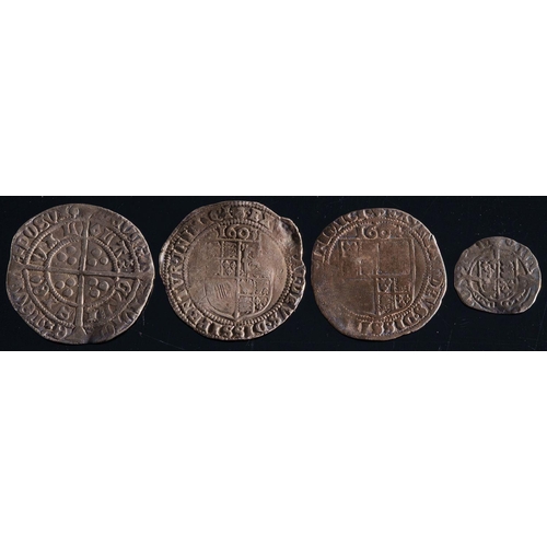 754 - Four English hammered coins: comprising, Henry groat, two James I sixpences,1603 and 1604 and a  Hen... 