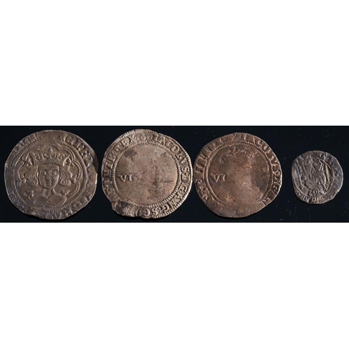 754 - Four English hammered coins: comprising, Henry groat, two James I sixpences,1603 and 1604 and a  Hen... 