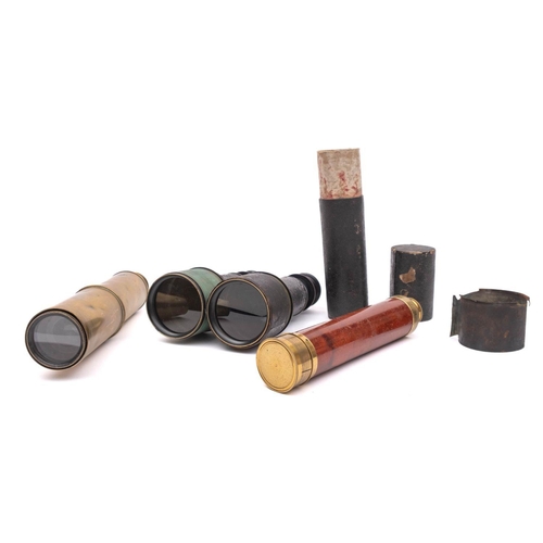 80 - A mahogany and brass three draw telescope, unsigned, in card container, together with one other bras... 