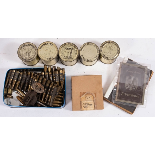 246 - A small collection of militaria comprising;-  five  tins of rations, 'Instant Dried Skimmed Milk' (x... 