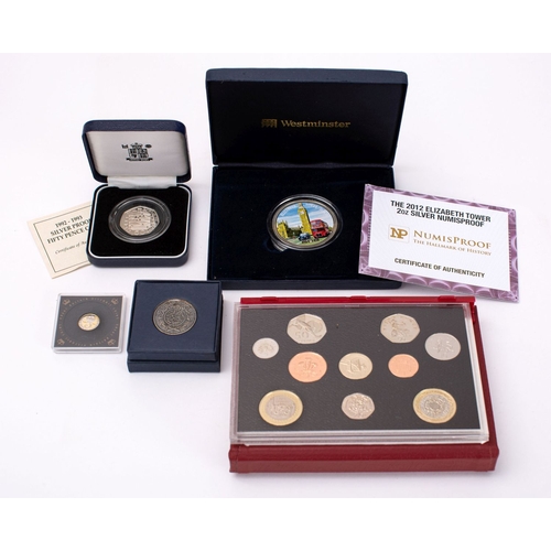 730 - A  2012 Elizabeth Tower 2 oz silver medallion,  2004 proof set, 1992-93 silver proof 50p coin etc.