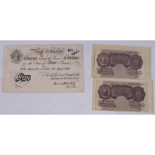 765 - Bank of England white £5 note dated 22nd April 1919: together with two Peppiatt mauve 10 shilling no... 