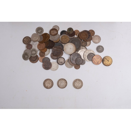 775 - A small wooden coin cabinet containing  mixed world coins: including 1812. 1814 and 1815 George III ... 