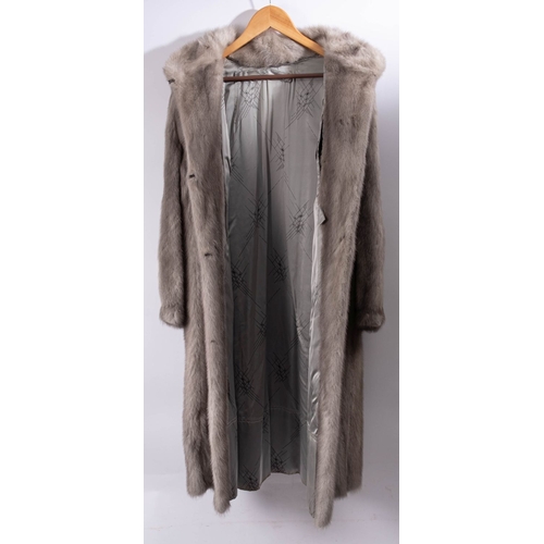 818 - A lady's sapphire mink full length fur coat  with detachable collar  and belt, silver silk lining, t... 