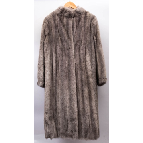 818 - A lady's sapphire mink full length fur coat  with detachable collar  and belt, silver silk lining, t... 