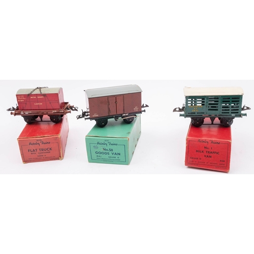 977 - A Hornby O gauge boxed group of rolling stock,  comprising Flat Truck with Container, No,1 Crane Tru... 