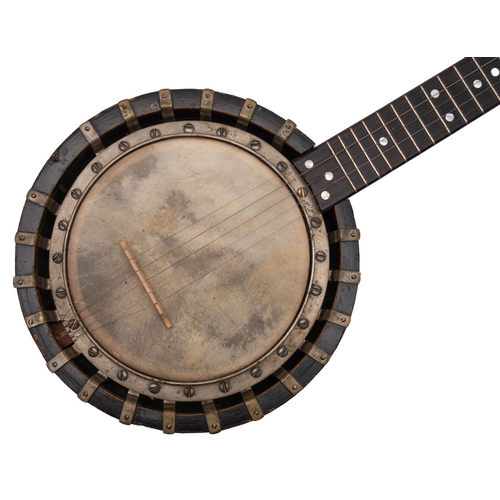 1056 - A five string zither banjo, Windsor style, unsigned with mother of pearl dot fret markers, 91cm long