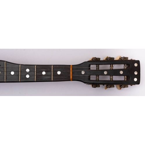 1056 - A five string zither banjo, Windsor style, unsigned with mother of pearl dot fret markers, 91cm long