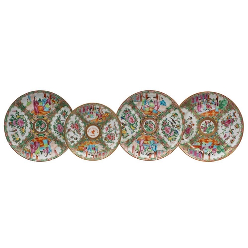 104 - A group of three Canton rose medallion dishes and a similar armorial plate, Qing Dynasty  the group ... 