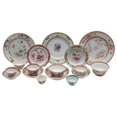 107 - A mixed lot of Chinese famille rose wares with floral and figural decoration including three plates,... 