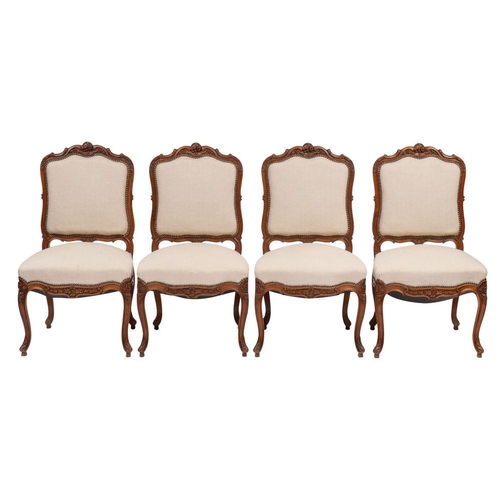 1074 - A suite of  carved walnut and cream fabric upholstered salon furniture in Louis XV style, 20th centu... 