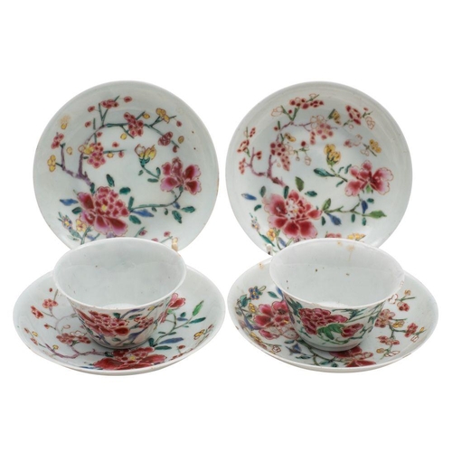 108 - A pair of Chinese famille rose teabowls and saucers together with two matching saucers enamelled wit... 