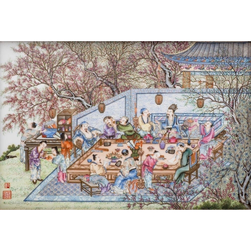 112 - A fine Chinese famille rose rectangular plaque enamelled with a dining and literary gathering scene ... 