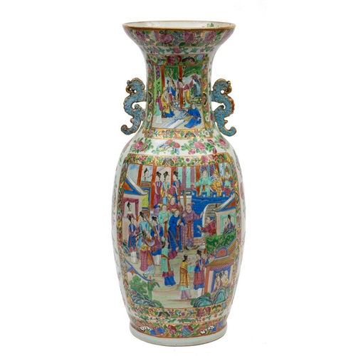 114 - A large Canton baluster vase with turquoise and iron-red decorated  dragon handles, brightly enamell... 