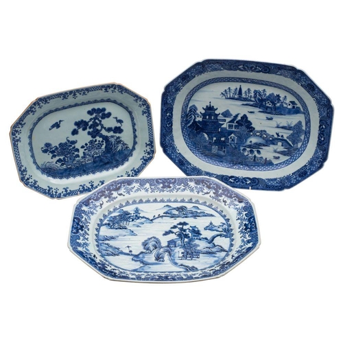 121 - A group of three Chinese blue and white octagonal dishes painted in conventional style with extensiv... 