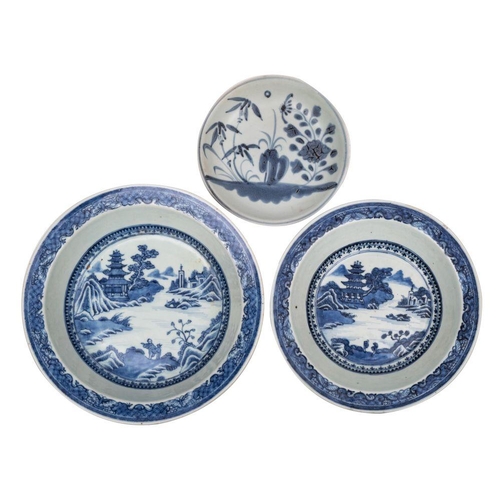 127 - Two Chinese blue and white deep dishes and a 'Tek Sing Cargo' saucer dish: the first two painted wit... 