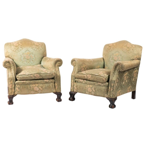 1279 - An upholstered suite of seat furniture, early 20th century; comprising sofa and twin armchairs; all ... 