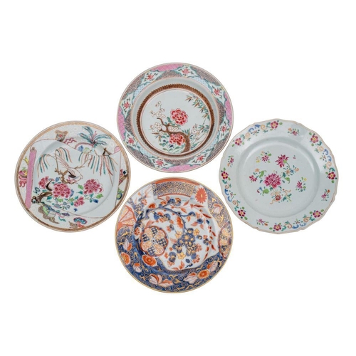 128 - A group of three Chinese famille rose plates and a Chinese Imari plate painted with birds, floral sp... 