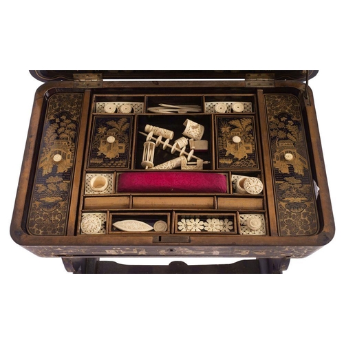 1339 - A Chinese export black lacquered and parcel gilt papier mache sewing table, late 19th century; the h... 