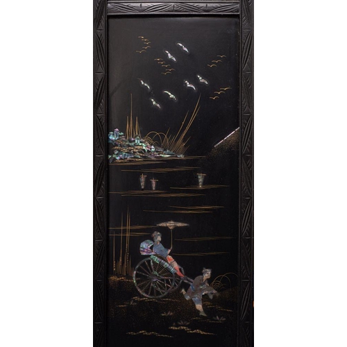 1345 - A Japanese carved, black lacquered and mother-of-pearl inset four fold screen, circa 1900; the leave... 