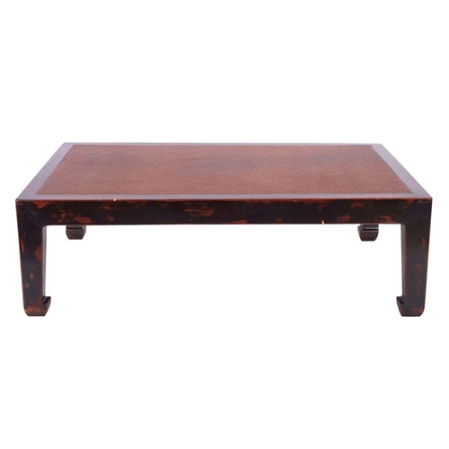 1348 - A Chinese stained hardwood and rattan low table, 20th century; the legs descending to simple bracket... 