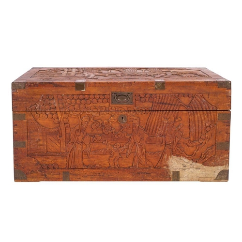 1349 - A Chinese carved camphor wood and metal mounted chest, late 19th /early 20th century; the hinged cov... 