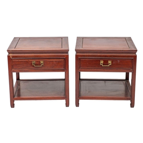 1350 - A pair of Chinese stained hardwood sofa or bedside tables, 20th century; the square cleated tops wit... 