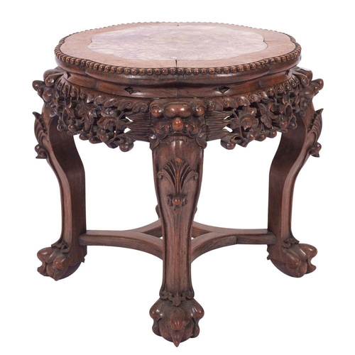 1353 - A Chinese carved hardwood and marble mounted stand, late 19th century; of lobed circular section, th... 