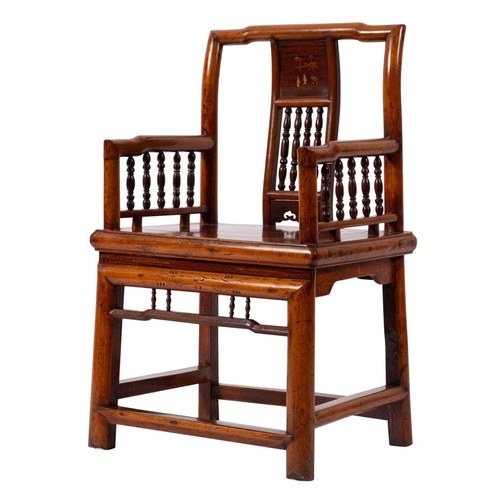 1358 - A Chinese stained hardwood elbow chair, early 20th century, of small proportions and possibly for a ... 