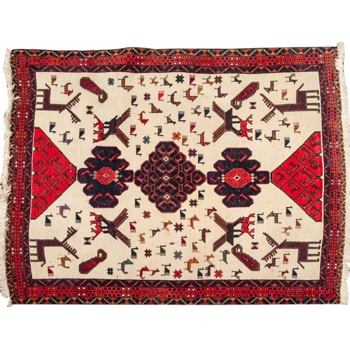 1368 - A Belouchistan rug,  the ivory field with triple chocolate brown geometric medallions and brick red ... 