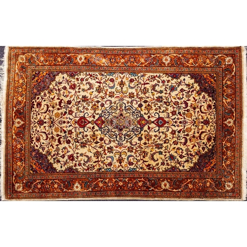 1374 - A Qum Part Silk Rug, the ivory field with a central cartouche pole medallion and all over arabesque ... 