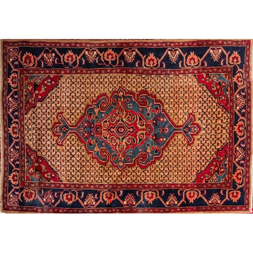 1382 - A Hamadan Rug, the beige and camel lattice field with a central pastel blue and red shaped pole meda... 