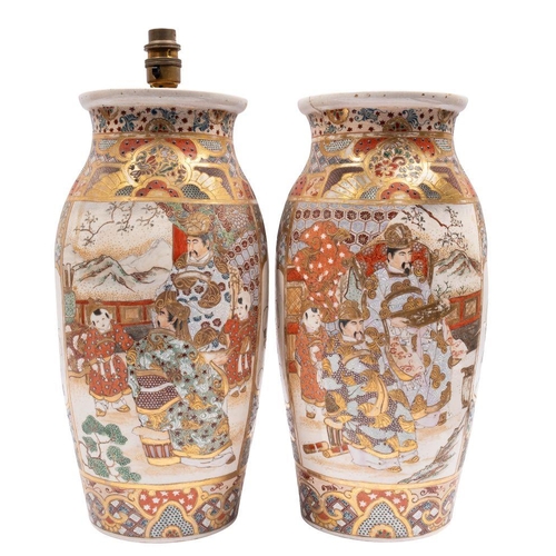 146 - A pair of Japanese Satsuma pottery vases, of oviform, one mounted as a lamp decorated with panels of... 