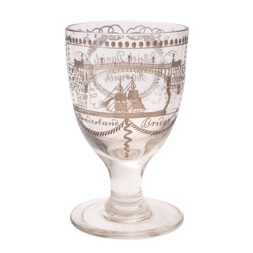 15 - A 'Sunderland Bridge' glass rummer later engraved and stained with a two-masted brig beneath the Sun... 