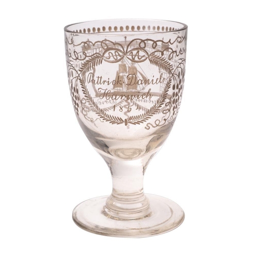 15 - A 'Sunderland Bridge' glass rummer later engraved and stained with a two-masted brig beneath the Sun... 