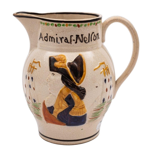 157 - A late Staffordshire ' Admiral Nelson/Captain Hardy'  pottery jug of conventional moulded form decor... 